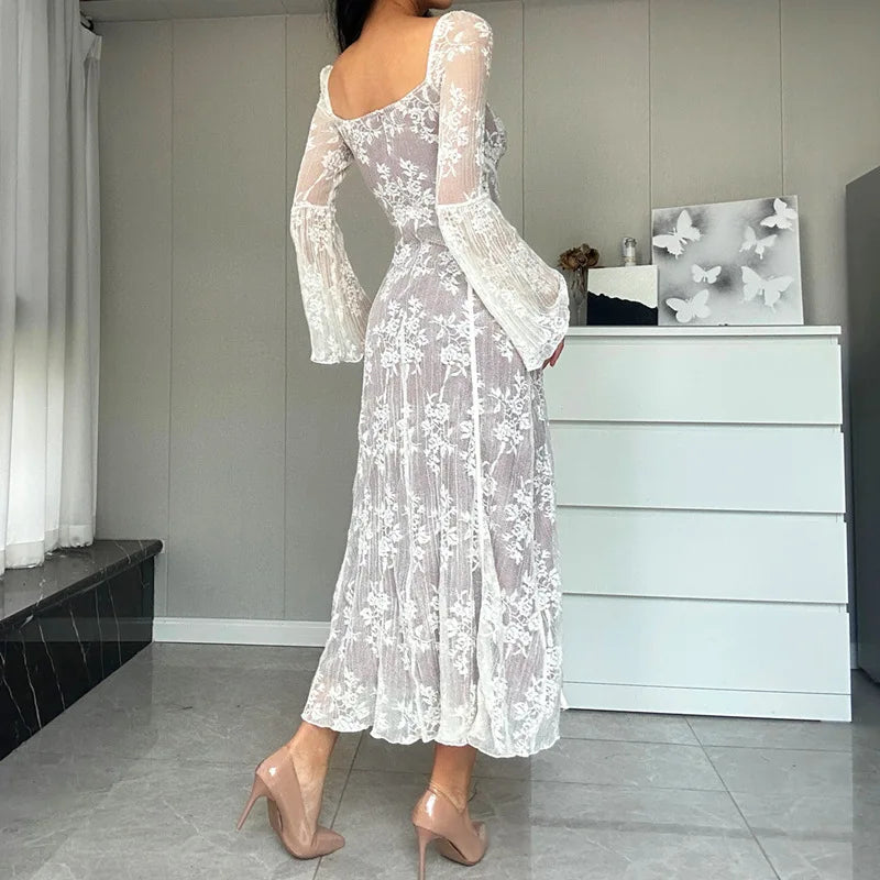 Vintage Lace Long Dress for Women Fashion Elegant Flare Sleeve Square Collar Pleated Dresses Vacation Beach Party Ladies Outfits