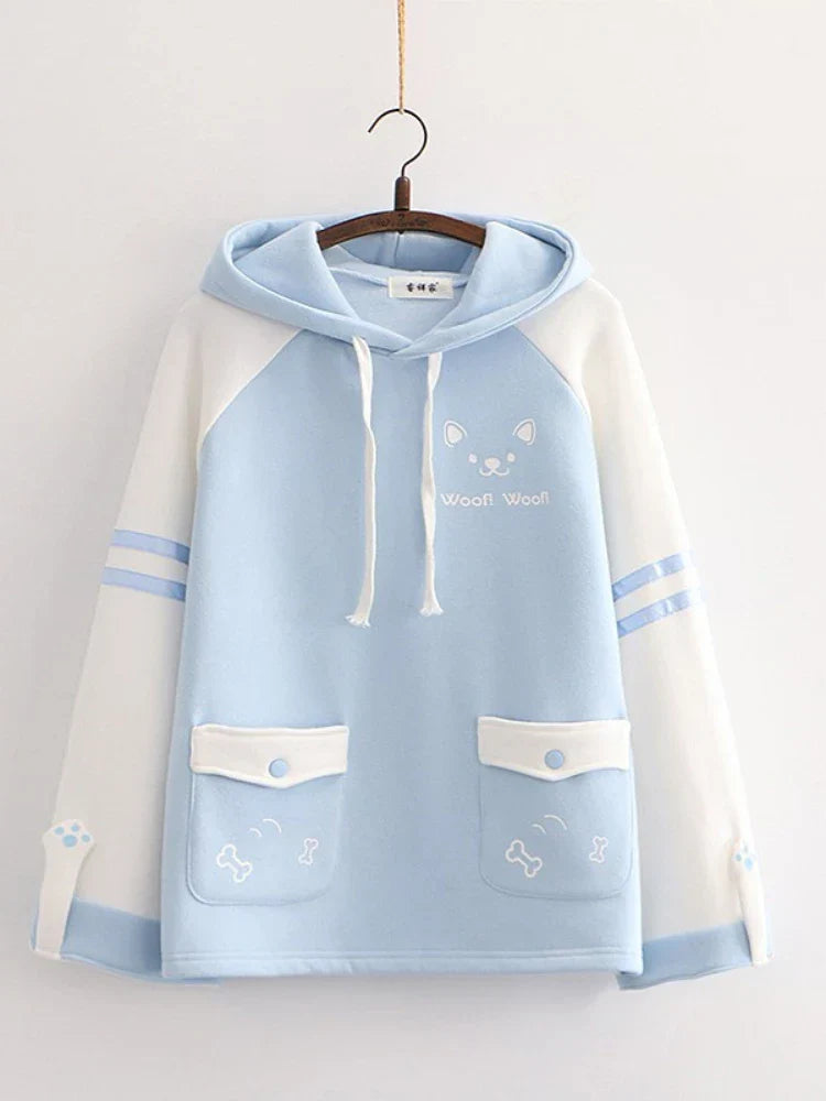 maoxiangshop Japan Kawaii Fleece Warm Hoodie Women Cute Clothes Yellow Girls Thick Sweatshirt Female Winter Hooded Long Sleeve Pullovers Blue