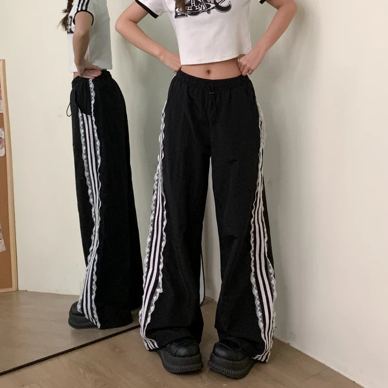 maoxiangshop - Women New Black Gothic Baggy Striped Pants 90s Vintage Oversize Y2k Trousers Streetwear Korean Harajuku Parachute Pants Clothes