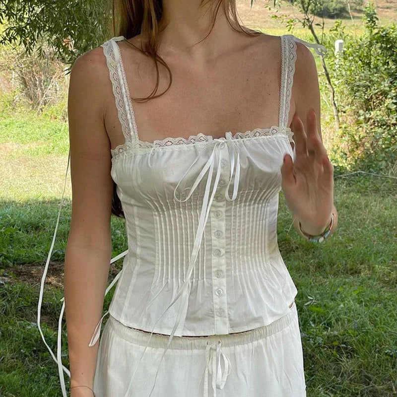 maoxiangshop-Y2K Girly Lace Strape Elegant Tank Top Aesthetic Folds Buttons White Square Collar Cute Camisole Tops French Style