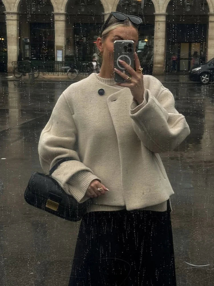 maoxiangshop - Elegant Solid Wool Mixtures Women Winter Coats Fashion One Button O-neck Warm Lady Jacket 2024 New Long Sleeve All-match Outwear