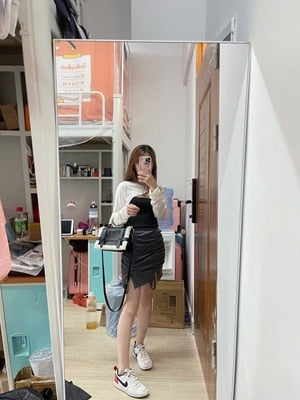 maoxiangshop Draw String Cotton Mini Skirt Girls Summer Elastic Waist Grey Black Split Folds Skirts Women Sexy Bottoms