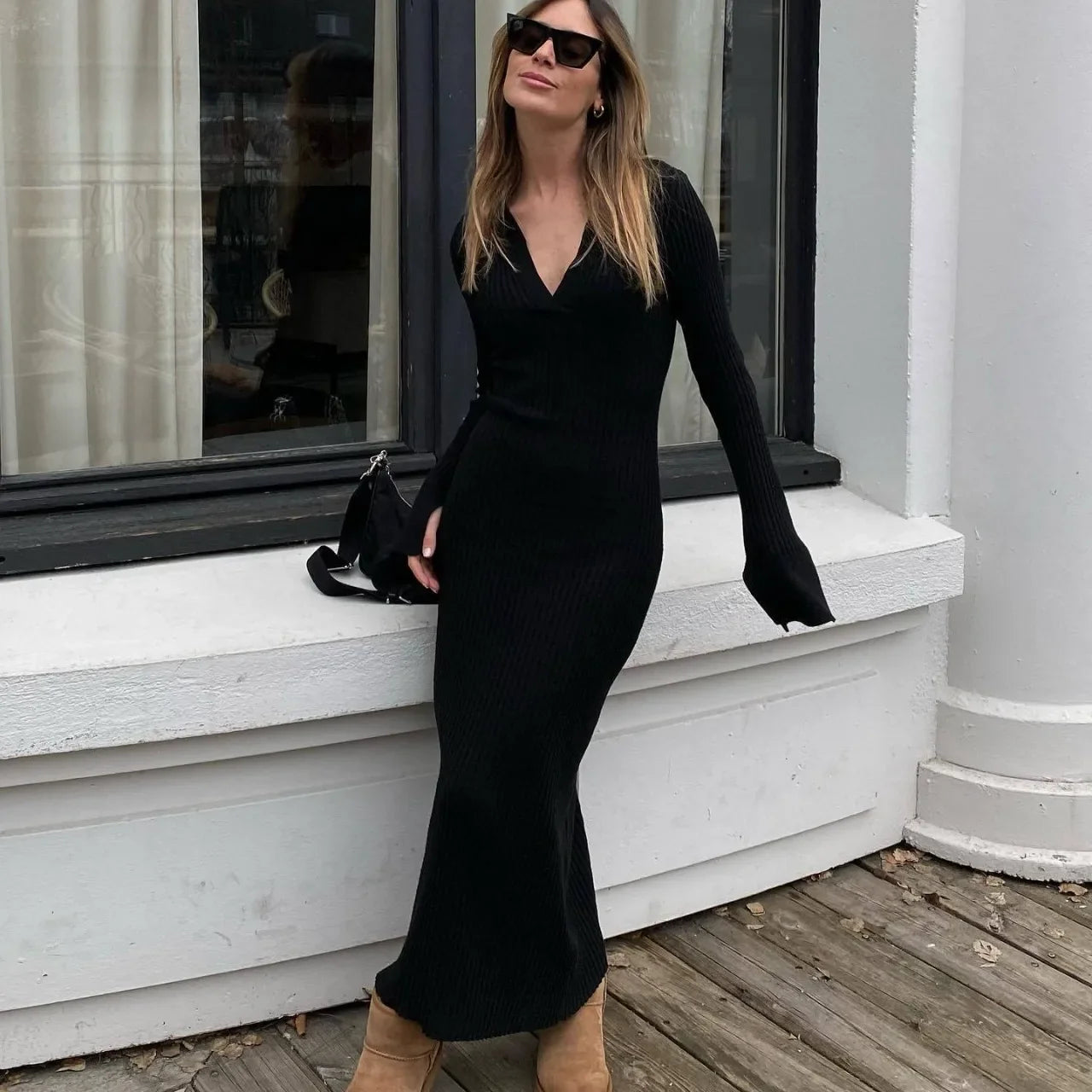 maoxiangshop - Autumn New Fashion Long Sleeve Sweater Dress Women Knitted Dress Lafy Knitted Deep V Sweater Long Black Dress Elegant Vestido