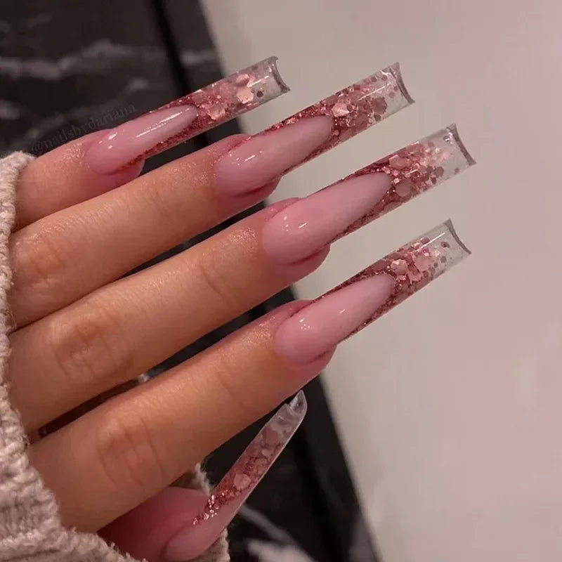 maoxiangshop 24pcs Long Coffin Purple False Nails Ballet Simple Glitter with Glue French Design Wearable Fake Nails Artificial Nail Tips
