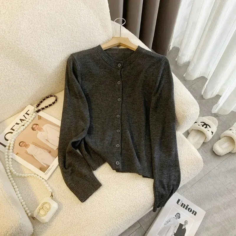 maoxiangshop - Knitted Slim Cardigan Women's Autumn Solid Single-Breasted Long-Sleeved Cardigan Top Casual Loose Short Knitted Cardigan