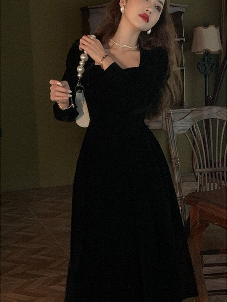maoxiangshop Winter Black Velvet Dress Women France Vintage Party Dresses Long Evening Elegant One Piece Dress Korea Female Clothing New