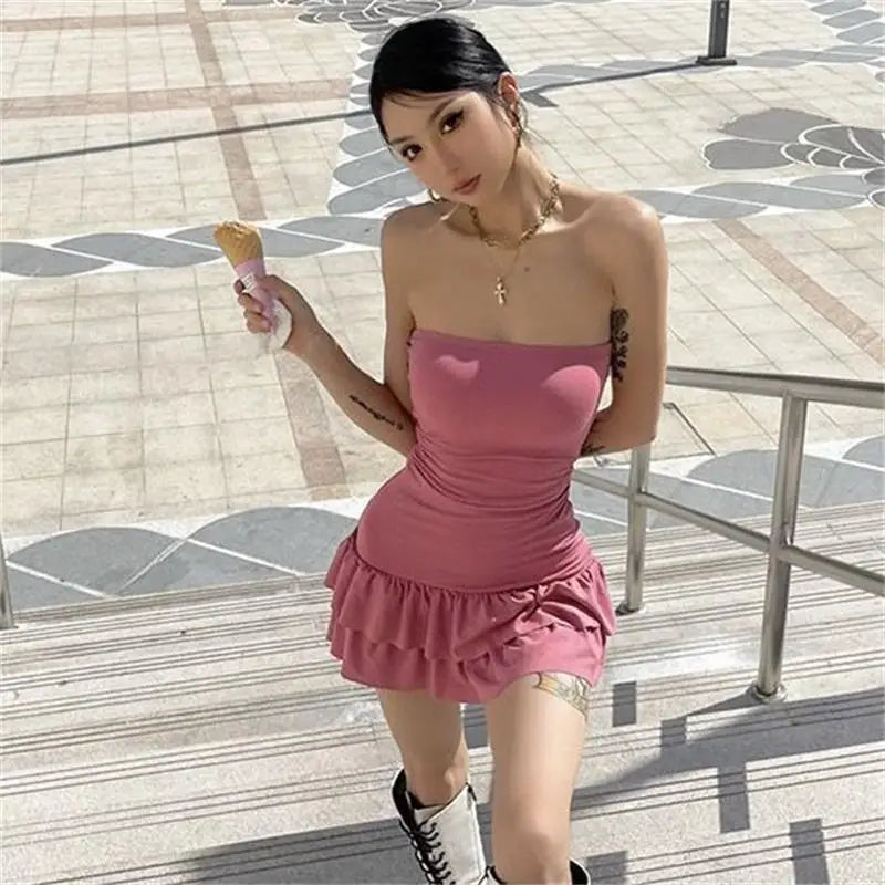 maoxiangshop-Summer Sexy Mini Dress Women Sleeveless Streetwear Backless Pleated Bodycon Black Dress Party Strapless A-LINE Dresses