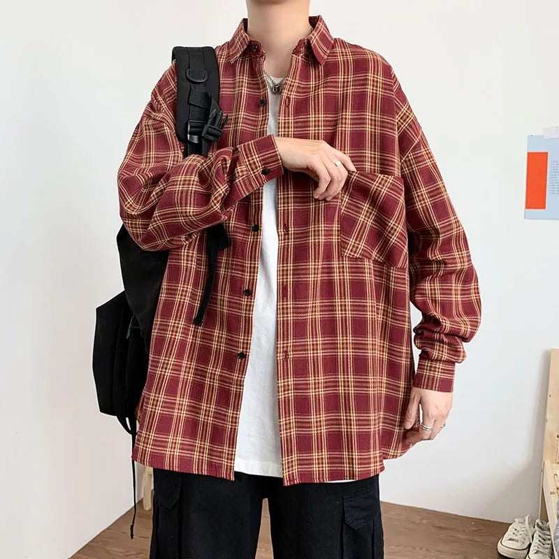 maoxiangshop Fashion Lapel Button Spliced Pockets Lattice Shirt Men's Clothing Spring New Loose Casual Tops Long Sleeve Korean Shirts
