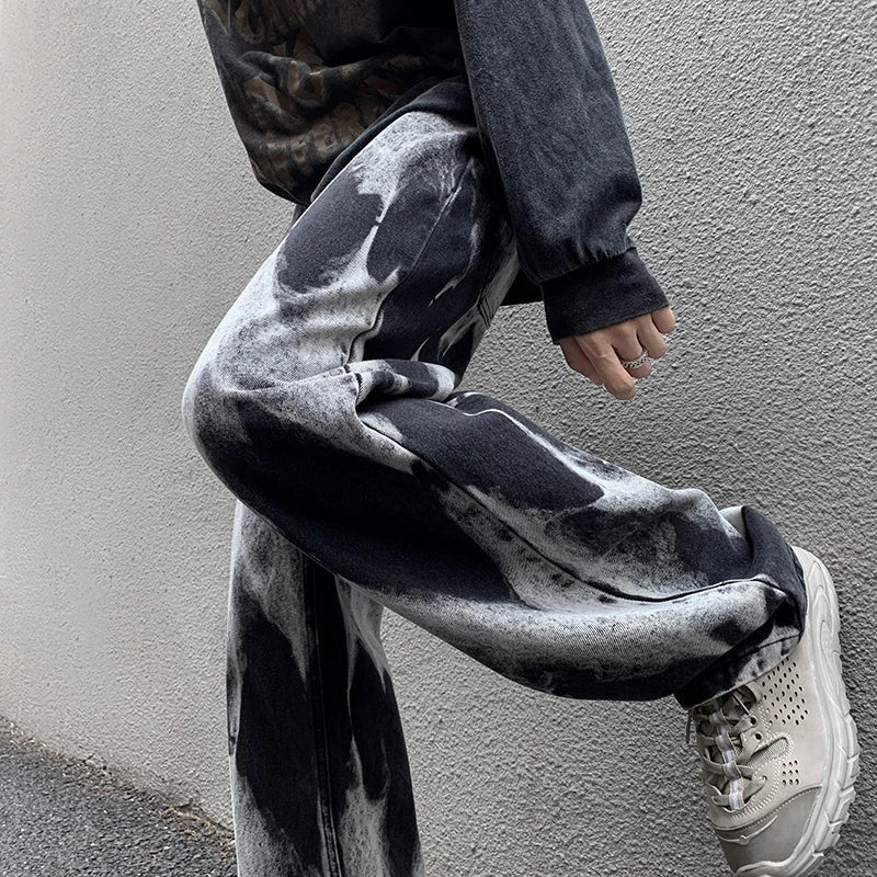 maoxiangshop Tie-dye Jeans Men High Street Straight Denim Pants Men Baggy Fashion Trend Jean Pants Mens Wide-leg Trousers BF Clothing