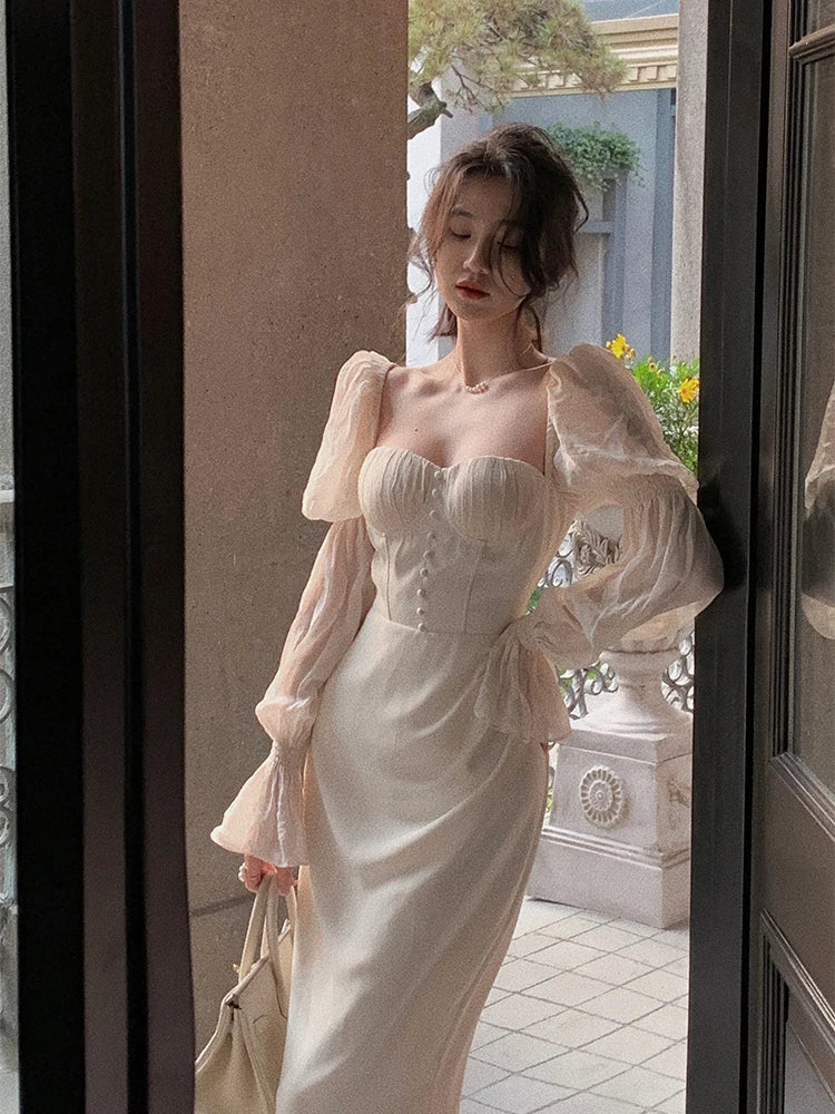 Vintage Women Fashion Elegant Puff Sleeve Midi Corset Maxi Dresses Evening Prom Female Party Lady Clothes Vestdios Summer