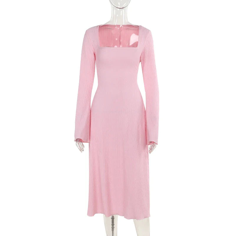 maoxiangshop - Fashion Bandage For Women Maxi Dress Slim Long Sleeve Square Collar Elegant Patchwork Autumn Dress Female Lace-Up Dress