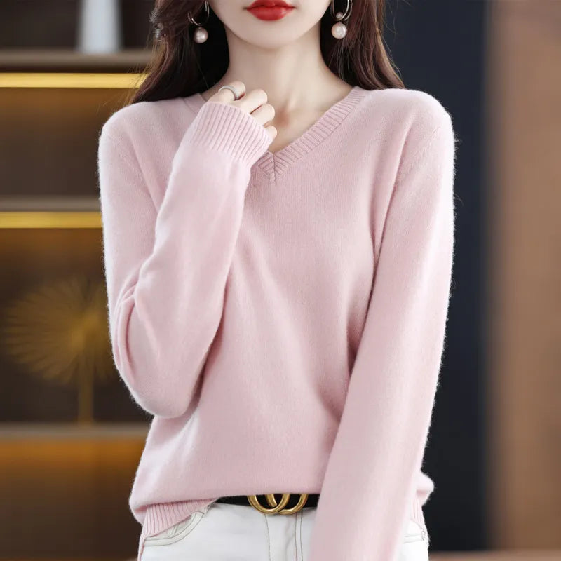 maoxiangshop Cashmere Sweater Women's Knitting Sweater 100% Pure Merino Wool Winter Fashion Basic V-neck Chic Top Autumn Warm Pullover