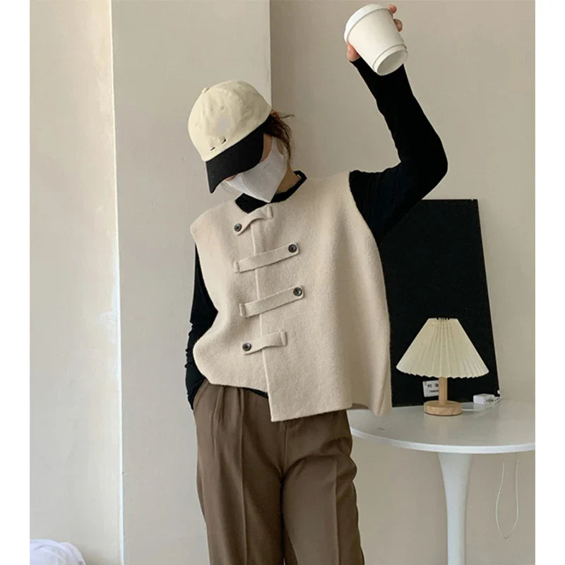 Irregular Sweater Vest Women Preppy Solid Chic Button Knit Waistcoat Korean Office Lady Elegant Knitwear Casual Top New