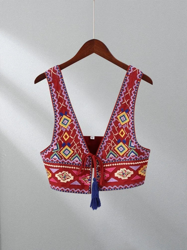 Sleeveless Backless Short WaistCoat Tops Fashion Ladies Highstreet Outfits Vintage Embroidery Tassel Lace Up Vest For Women Sexy