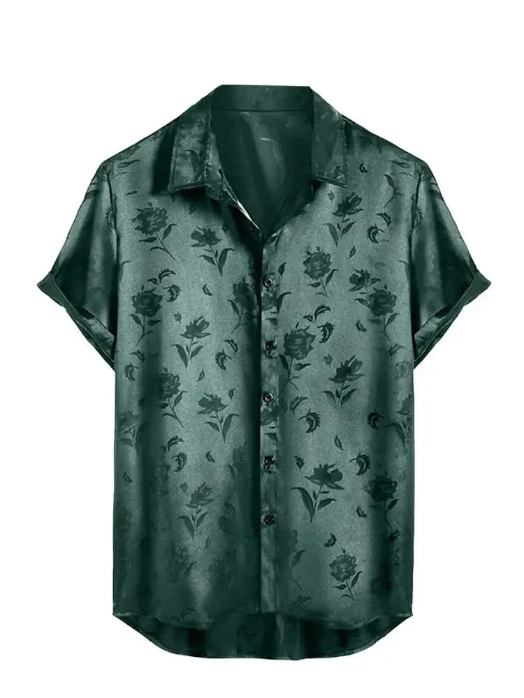 maoxiangshop Satin Shirts for Men Jacquard Rose Printed Silky Short Sleeve Shirt Summer Streetwear Button Blouse Tops