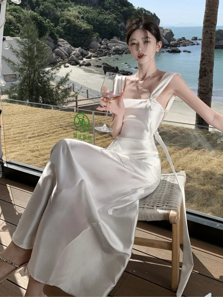 maoxiangshop - Sexy Backless Maxi Dress Women Camisole Lace Up Satin Vestidos Holiday Birthday Party Evening Gown Female Dresses Spring Autumn