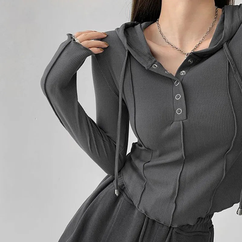 maoxiangshop Hooded Button Up Crop Top Women Autumn Winter Slim Fit Long Sleeve Y2K Top Woman Streetwear Wild Elastic T-Shirt Female