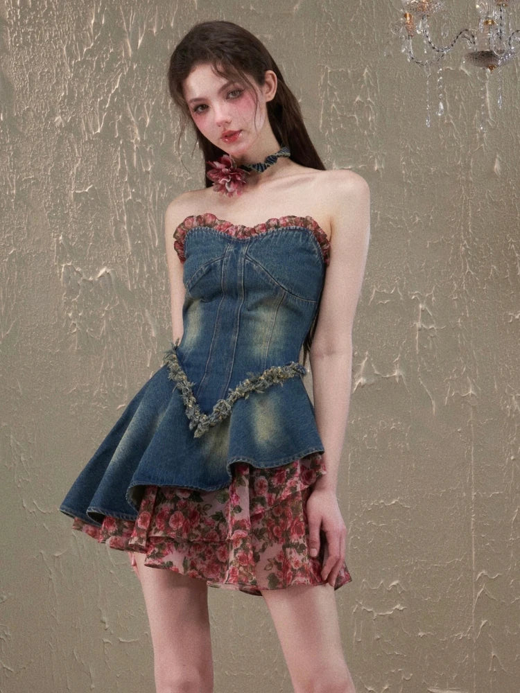 Summer Vintage Denim Dress Women Casual Patchwork Floral Party Mini Dress Female Korean Fashion Designer elegant Slim Dress