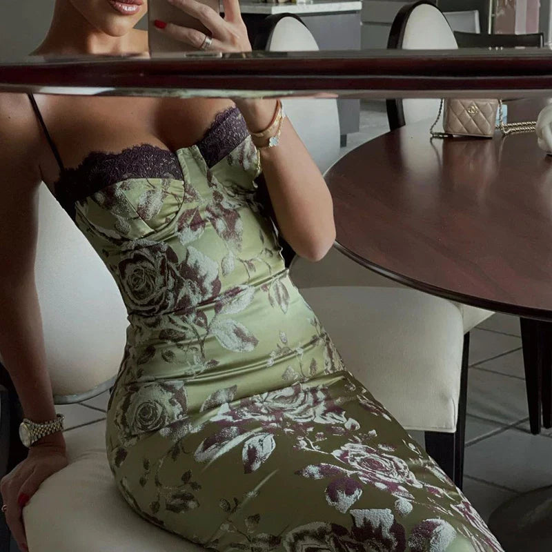 Print Floral Bodycon Slip Midi Dresses Women Vintage Sexy Lace Sleeveless Backless Dresses Elegant Birthday Party Club Vestidos