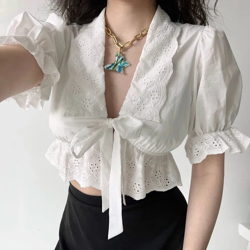 maoxiangshop Ruffle White Shirt Women Crop Top Sexy Hollow Out Elegant Puff Sleeve V-neck Bow Lace-up Blouses Summer Cute Short Shirt
