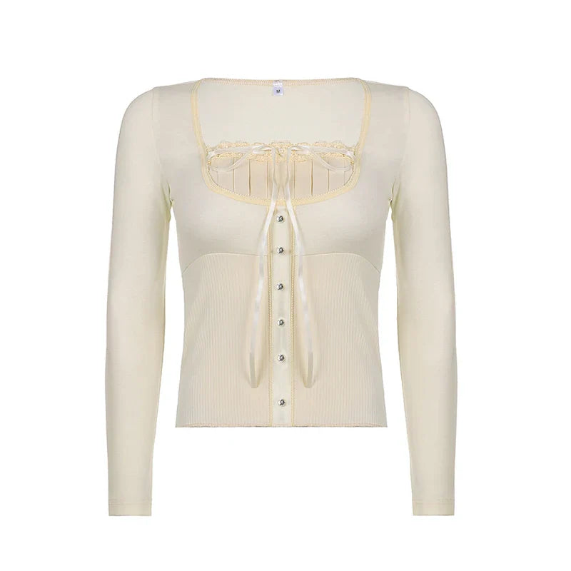 maoxiangshop Vintage y2k Tops Women Lace Trim Long Sleeve T-Shirts Fall Fairycore Aesthetics Grunge Clothes Streetwear
