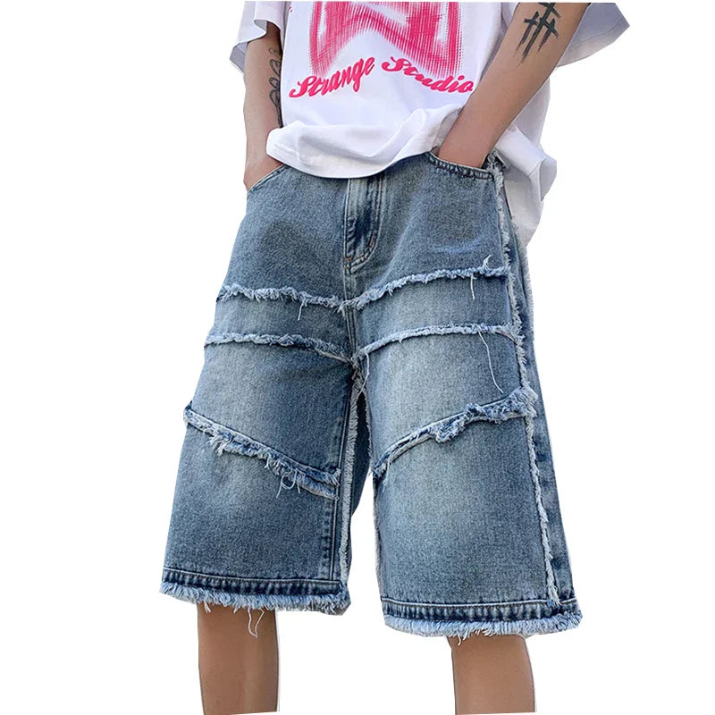 maoxiangshop American High Street Men's Wide Leg Denim Shorts Summer New Fashion Casual Baggy Short Jeans Male Chic Burrs Clothes