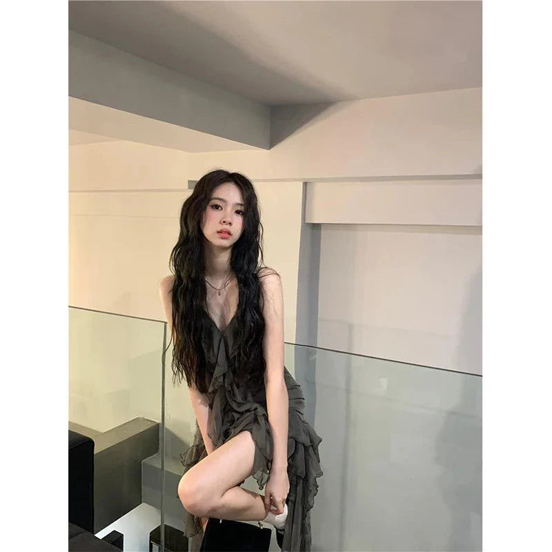 Y2K Ruffles Irreular Dress Women Gothic Sexy Strap A Line Mini Dresses Dark Fairy V Neck Asymmetrical Sleeveless Sundress