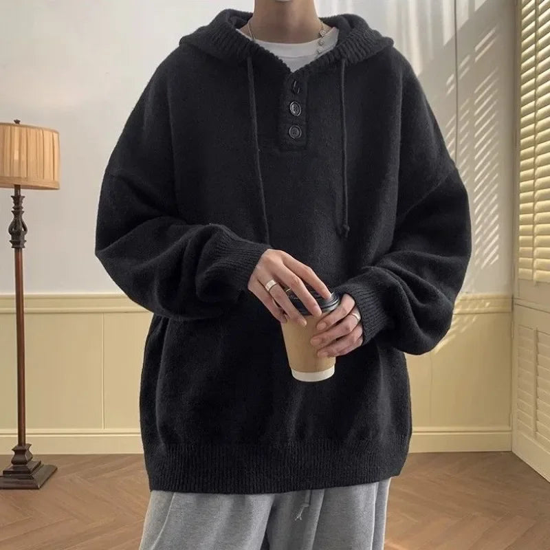 maoxiangshop Men Hooded Sweater Spring and Autumn Seasons Japanese Vintage Lazy Coat Male Wearing Hat Knit Casual Fashion Loose Sweater Top