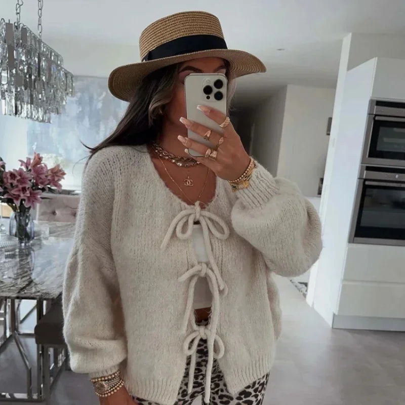 maoxiangshop - Fashion Lace Up Bow Knitted Cardigan Woman O Neck Long Sleeve Hollow Out Sweater Coat Autumn Female Casual High Street Knitwear