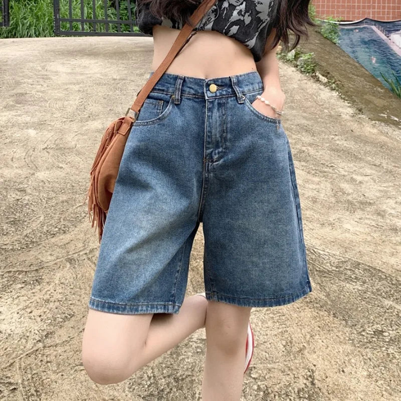 maoxiangshop Y2k Baggy Shorts Pants Women Summer Vintage Blue Wide Leg Denim Short Korean Fashion Casual Female Knee Length Jeans Mujer