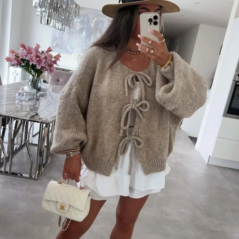 maoxiangshop - Fashion Lace Up Bow Knitted Cardigan Woman O Neck Long Sleeve Hollow Out Sweater Coat Autumn Female Casual High Street Knitwear
