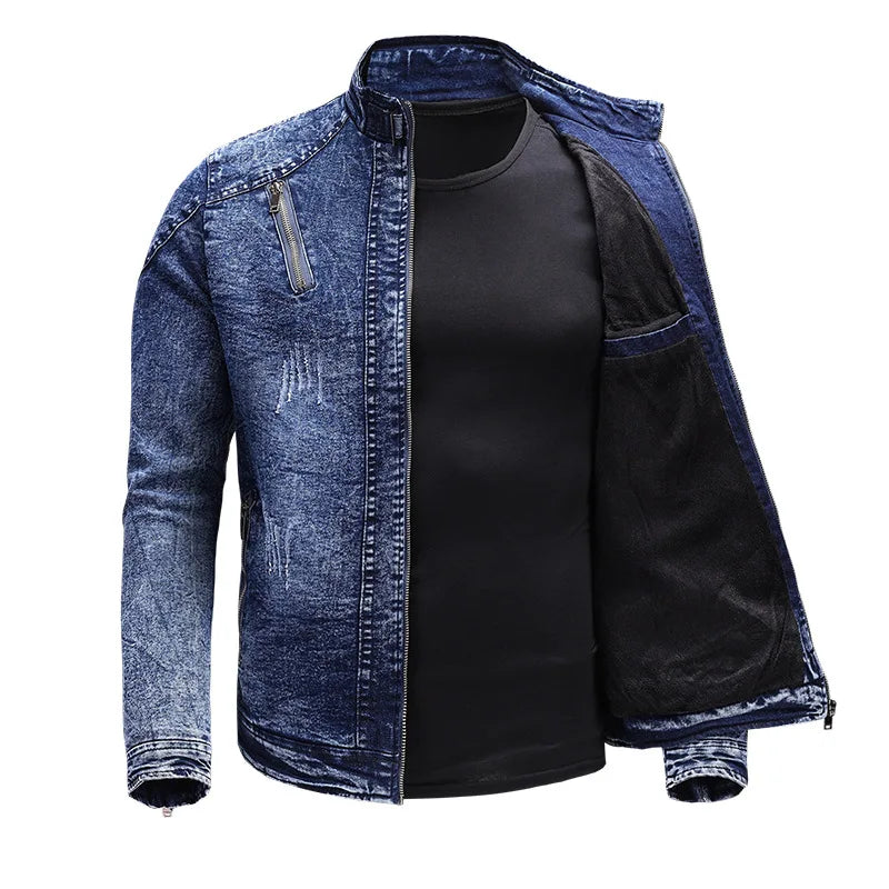 maoxiangshop New Motorcycle Denim Jacket Men Retro Zippers Stand Collar Denim Coats Mens Cotton Slim Fit Denim Jacket Moto Biker Outerwear