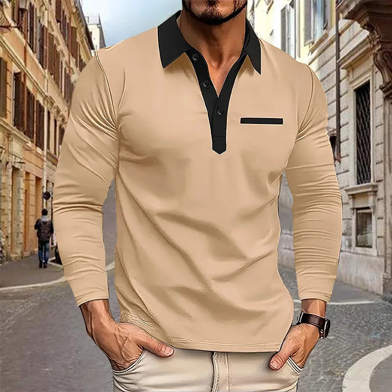 maoxiangshop 2024 Autumn Men's Polo Shirt Lapel Pocket T-shirt Men's Breathable Business Casual Long sleeved