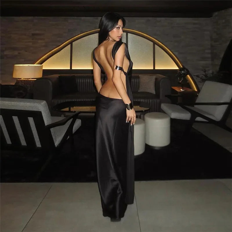 maoxiangshop - Sexy Backless Slip Long Dress For Women Elgant Draped Gown Clothes Bandage Sleeveless Slim Solid Color Dresses Autumn New