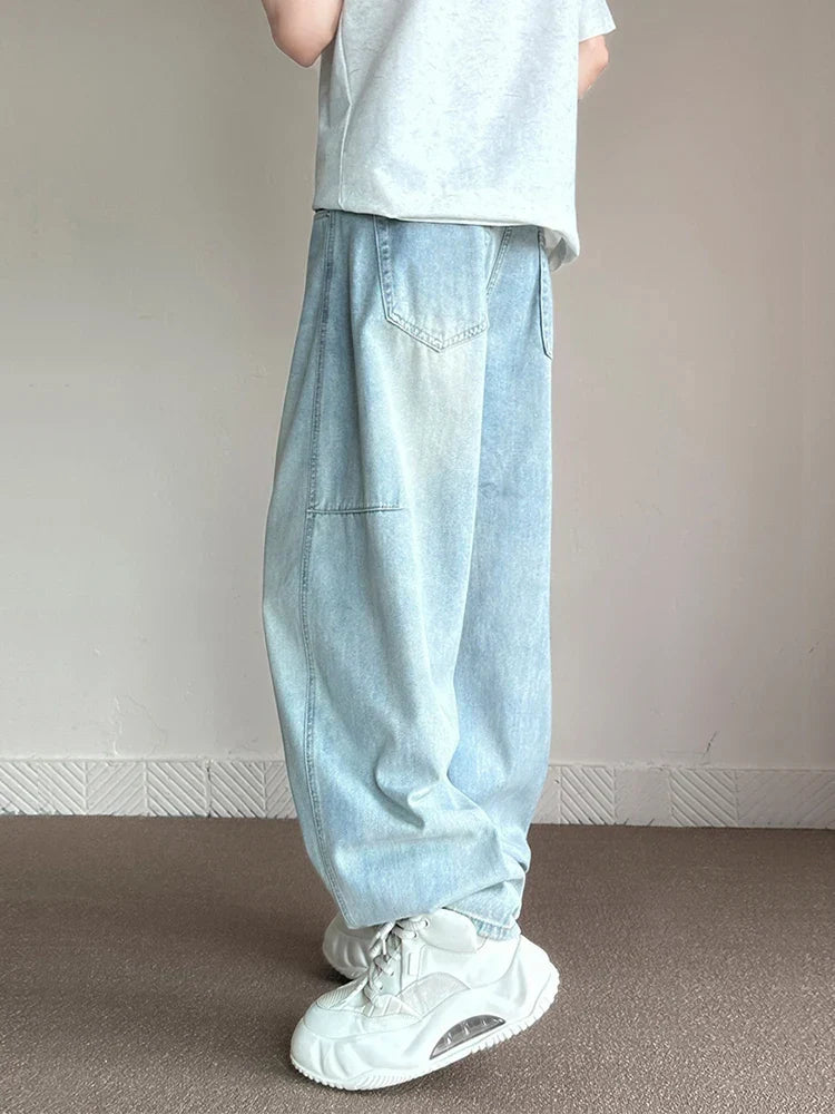 maoxiangshop Korean Fashion Men's Baggy Jeans Light Blue High Street Straight Wide Trousers Personalized Washed Y2k Pants Male
