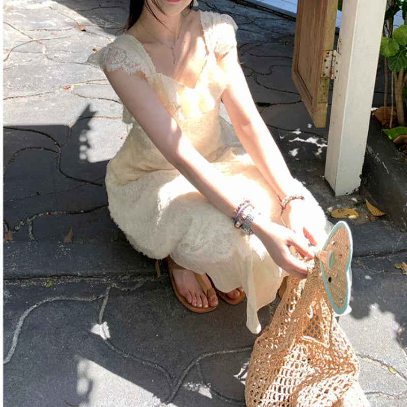 maoxiangshop Elegant Lace Ruffle Woman Dresses Midi Short Sleeves One Piece Korean Dress Vintage Floral Holiday Summer Vacation Chic