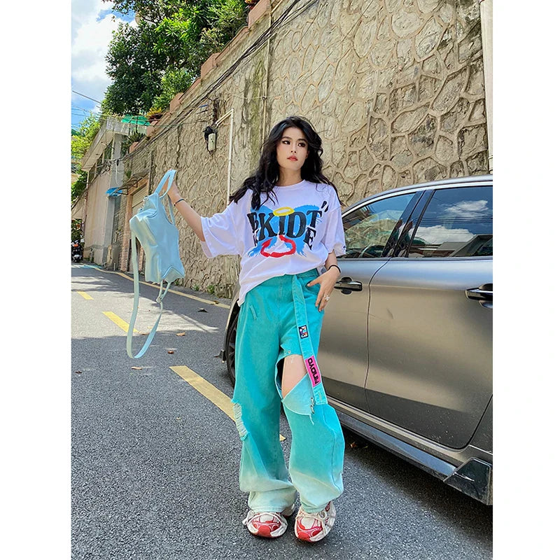 maoxiangshop - Blue Jeans Women Belt High Waist American Wide Leg Pants Y2K Style Fashion Streetwear Female Pants Autumn Straight Trousers