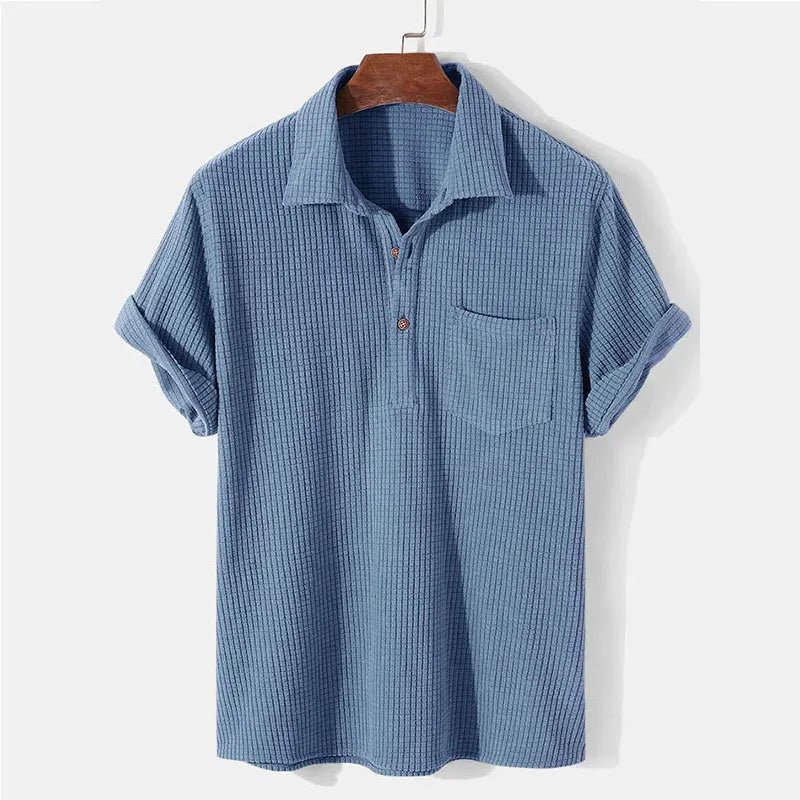 maoxiangshop Summer Mens Casual Plaid Polo Shirts Top Turn-Down Collar Button Blouse Short Sleeve Solid Pocket Blouse Shirt Men Clothing