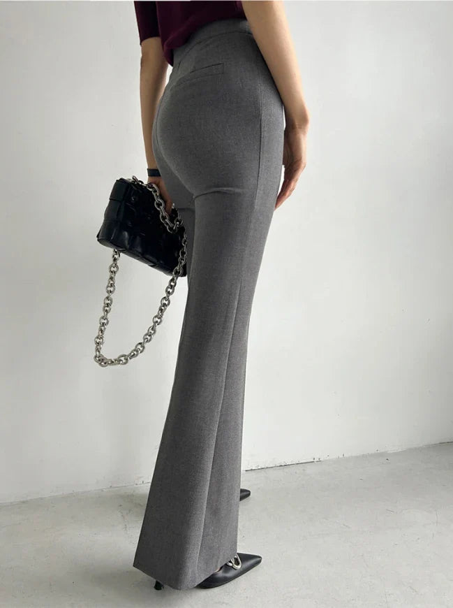 maoxiangshop - Elegant Women Grey Flare Suit Pants Loose 2024 Autumn Office Ladies Korean High Waist Pockets Casual Trousers