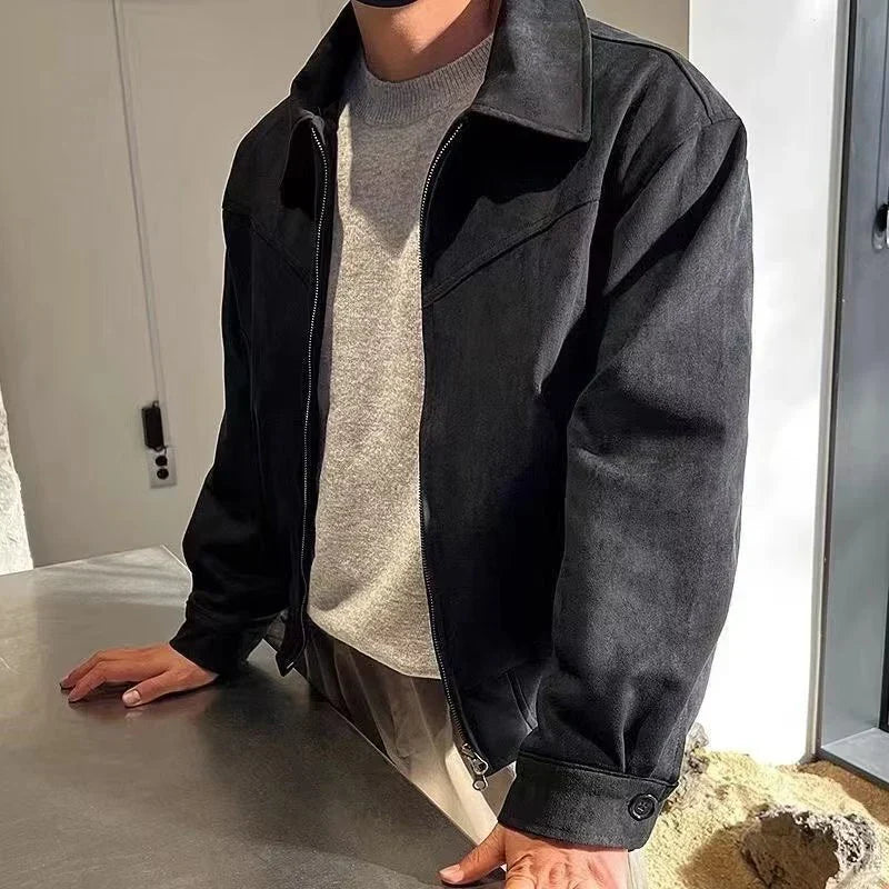 maoxiangshop Elegant Solid Brown Coat Men Spring Autumn High-End Loose Lapel New Zipper Short Jacket Vintage Streetwear Bomber Jacket