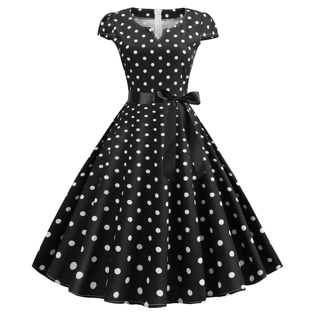 maoxiangshop Women Vintage Dress White Polka Dot Summer Dresses Pin Up Print Retro 50s 60s Rockabilly Party Sundress Vestidos