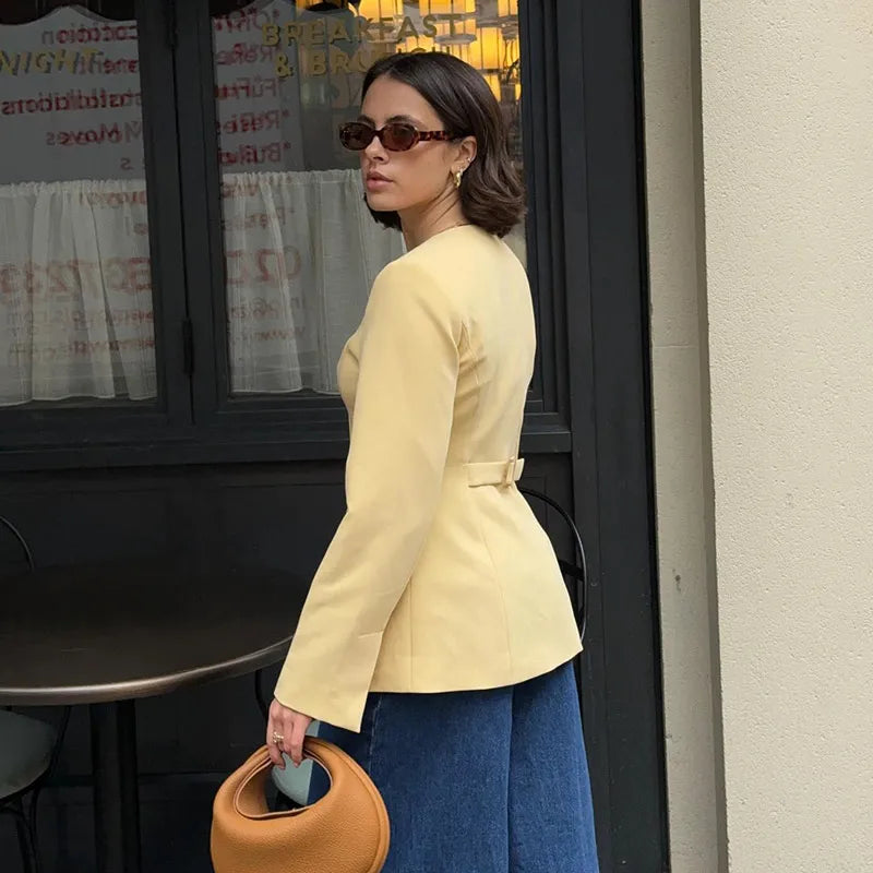 maoxiangshop - Solid O Neck Women Coats Long Sleeve Straight Female Jackets 2024 Fashion Autumn Elegant Office Pockets Single Breasted Lady Top
