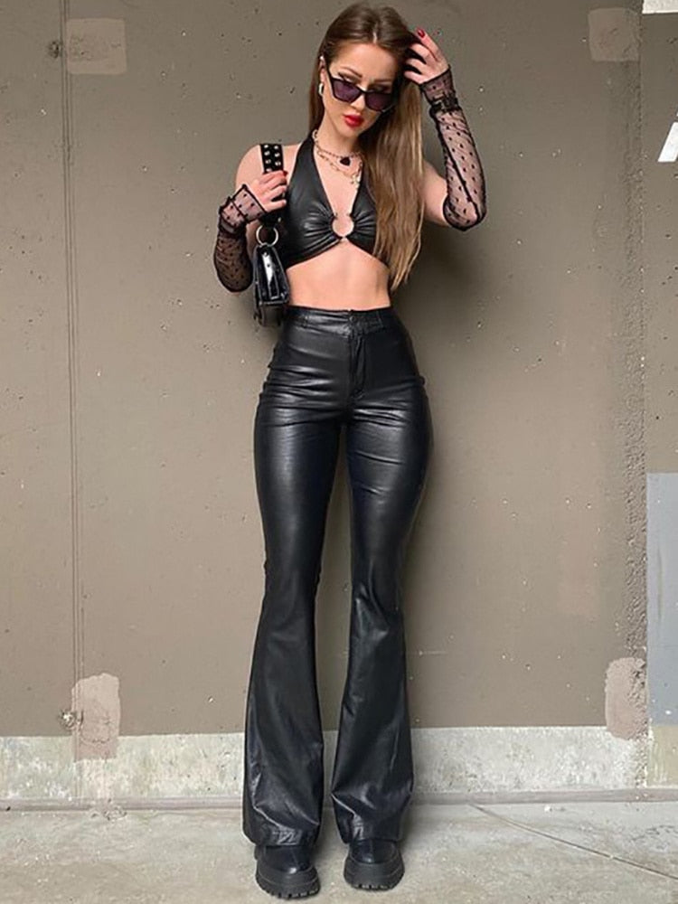 maoxiangshopOutfits For Women PU Leather High Waist Flare Pants Club Party Elastic Trousers Pant Gothic Chic Clothes Legging Fashion