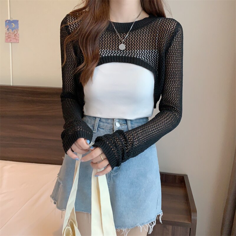 maoxiangshop New Women Solid Sweater O-Neck Cropped Sweater Pullover Crop Top Female Short Sleeve Hollow Out Super Cropped Sweaters Shirts