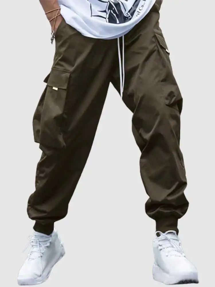 maoxiangshop Men's Cargo Pant Solid Mid-waist Elastic Tooling Trousers Techwear Sweatpants with Flap Pocket Drawstring Beam Feet Pants