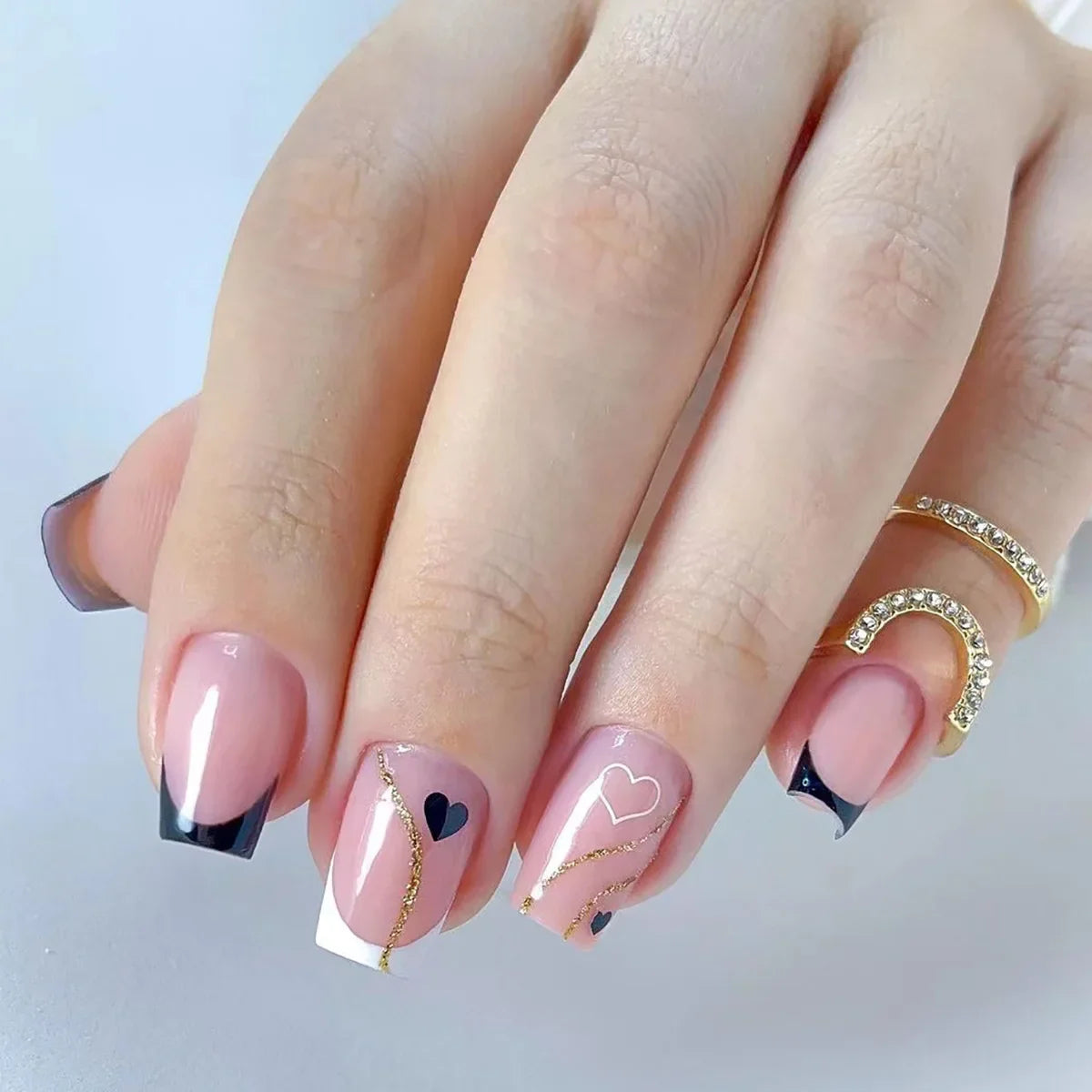 maoxiangshop 24pcs/set ballet short fake nails for Valentine's Day cute heart with glitters french white square tips press on false nail art