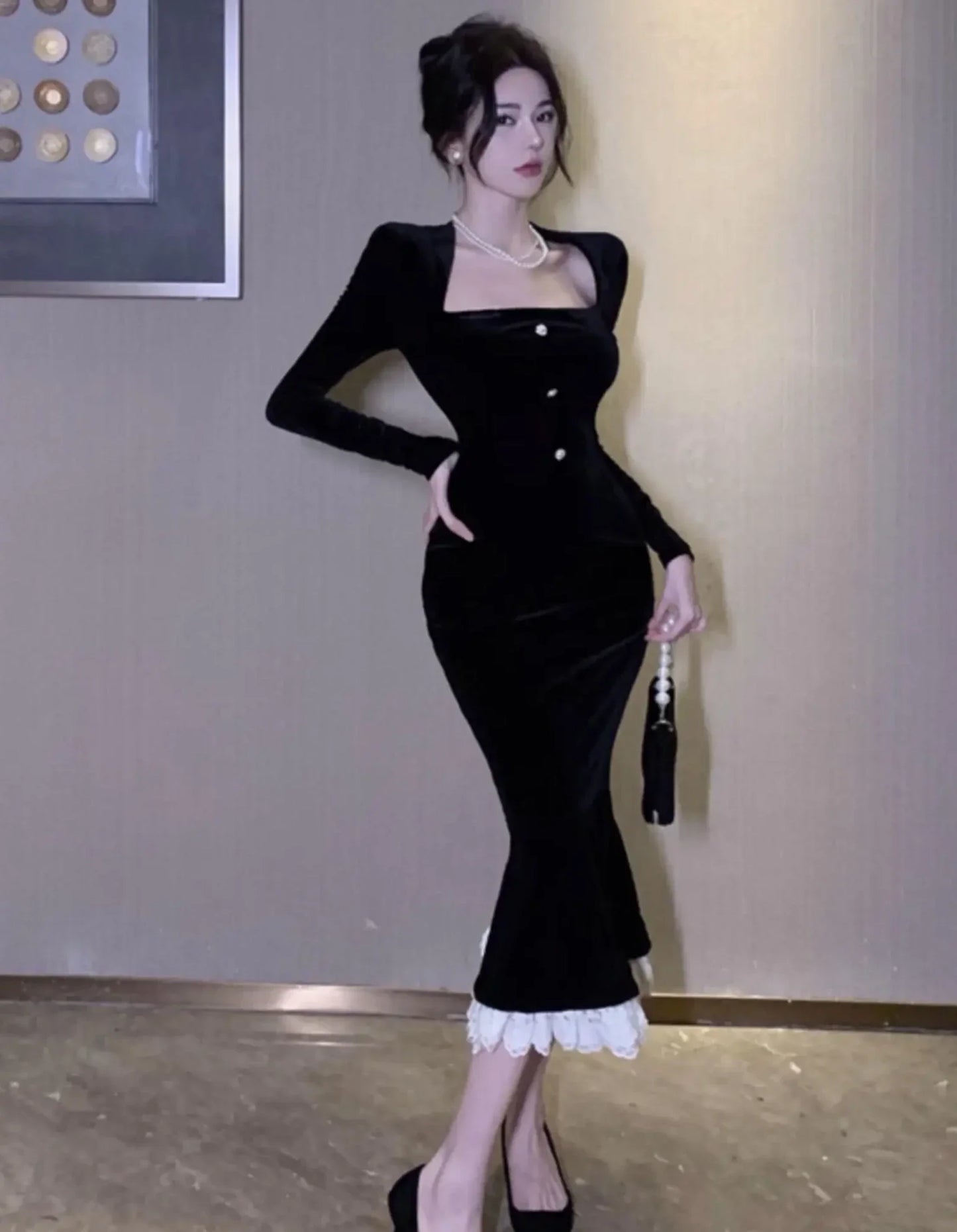 Women France Vintage Ruffles Mermaid Dress Chic Patchwork Long Sleeve One Piece Bodycon Lace Robe Spring Autumn New Clothing
