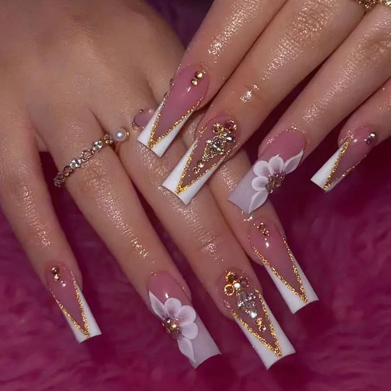 maoxiangshop 24Pcs Coffin False Nails Purple Butterfly Designs Fake Nails with Shiny Rhinestone Wearable French Full Cover Press on Nails