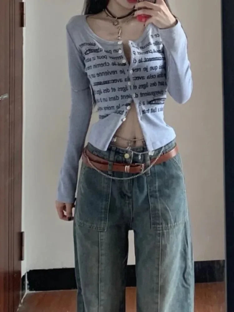 maoxiangshop-Korean Style Vintage Gray Crop T Shirts Women Streetwear Letter Print Casual Tops Mujer Slim Long Sleeve Tees Autumn
