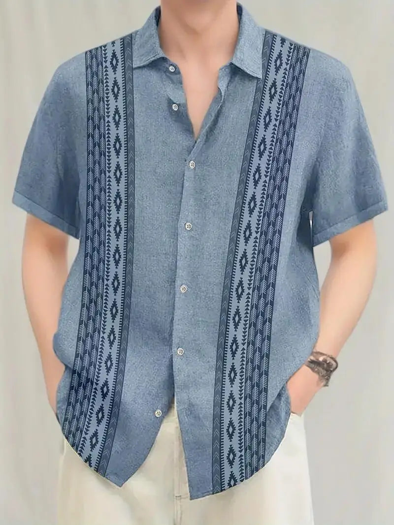 maoxiangshop 2024 Summer New High Quality Hot Selling Men's Stripe Printed Short Sleeved Shirt Summer Retro Style Casual Shirt Top